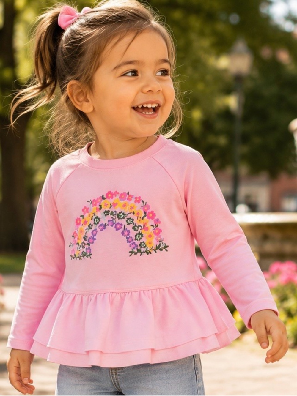 Wonder Nation Girls 3T Pink Floral Rainbow Long Sleeve Peplum Rash Guard